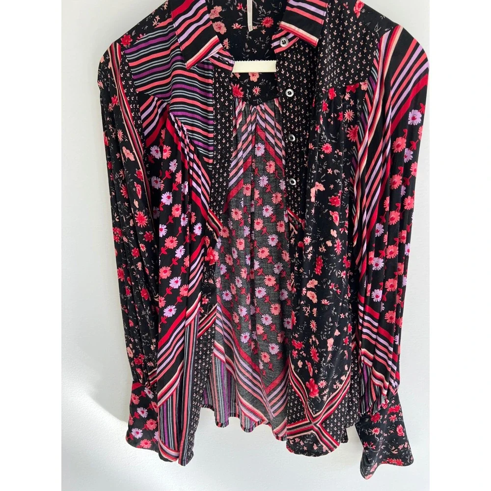 Free People Hazel Buttondown Black Combo Floral Stripe‎ Blouse XS Boho Top